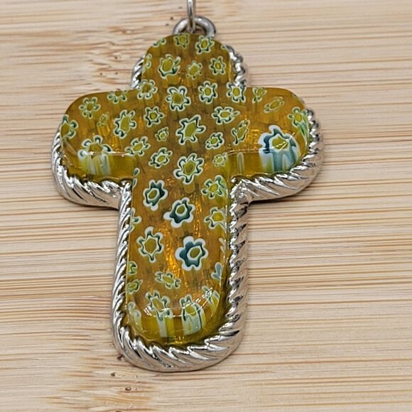 Millefiori Glass Cross Pendant Floral Design Yellow Green with Silver Tone Trim